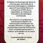 Presa Santa María en Rosario alcanza 93% e iniciará desfogue controlado