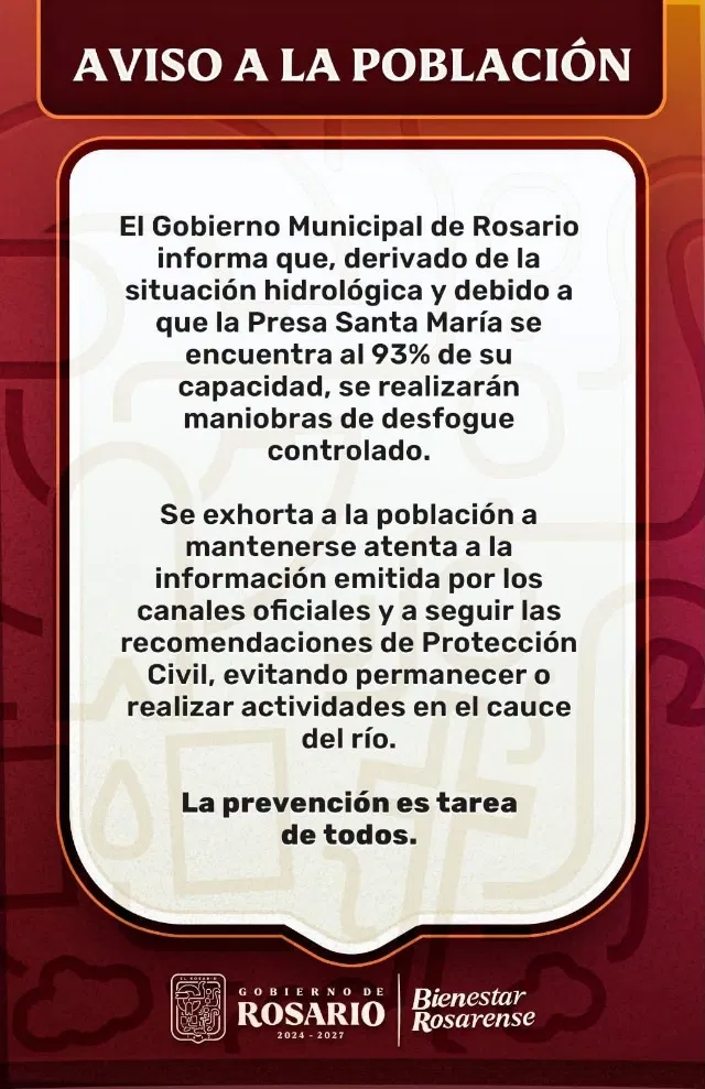 Presa Santa María en Rosario alcanza 93% e iniciará desfogue controlado