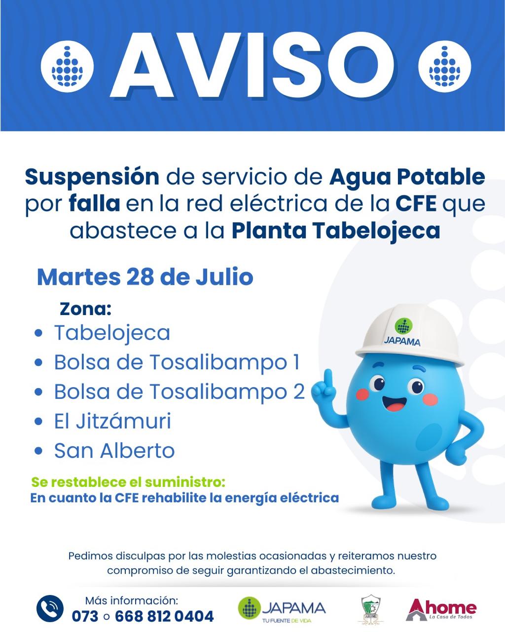  La Junta de Agua Potable y Alcantarillado del Municipio de Ahome (JAPAMA) informó este martes 28 de julio sobre la suspensión temporal del servicio de agua potable en cinco comunidades.