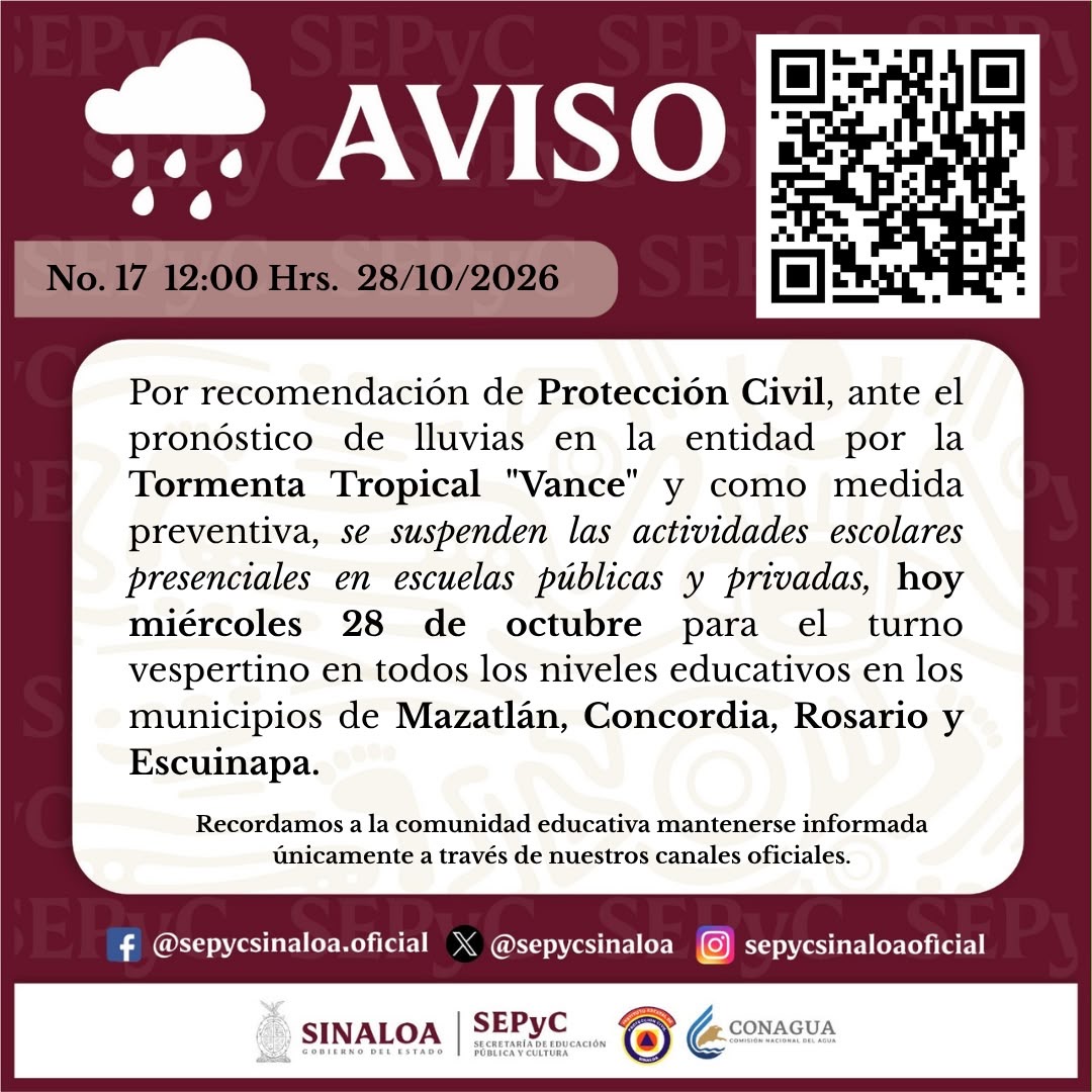 La medida aplica este miércoles 28 de octubre en escuelas públicas y privadas de todos los niveles educativos de Mazatlán, Concordia, Rosario y Escuinapa.