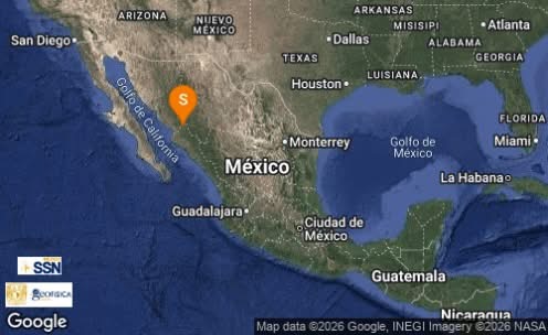 SISMO Magnitud 4.3 Loc 47 km al NORESTE de EL FUERTE, SIN 25/10/26 07:22:35 Lat 26.81 Lon -108.45 Pf 5